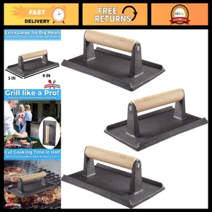 Heavy Duty Cast Iron Grill Press Set - 3 Pack, Pre-Seasoned with Wooden Handle f