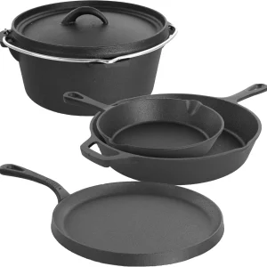 Megachef 5 Piece Pre-Seasoned Cast Iron Kitchen Cookware Set W/Pot & Pan, Black