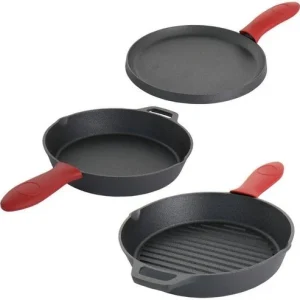 MegaChef Cast Iron Pre-Seasoned Set 6 PC Red Handle-Missing 1 Red Silicon Handle